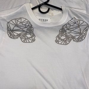 White and gold skull studded Guess T Shirt
